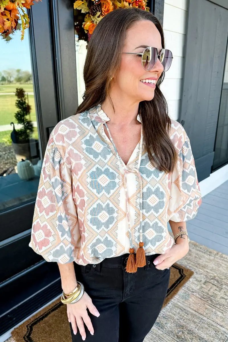 Khaki Geometric Print Tassel Tie Split Neck Balloon Sleeve Blouse - Love Salve